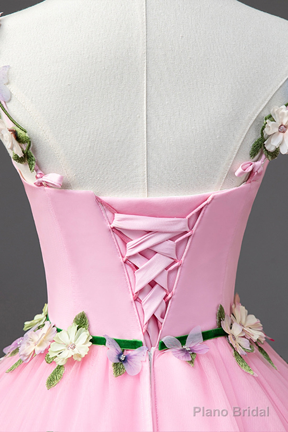 Pink Tulle Flower Long Prom Dresses, Cute Spaghetti Sweet 16 Dresses