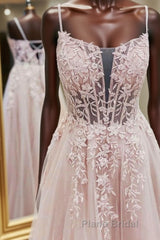 Pink tulle lace A line long Formal Prom dress, pink lace evening dress