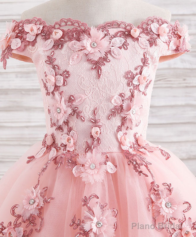 Pink Tulle Lace Applique Short Flower Girl Dresses