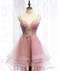 Pink Tulle Lace High Low Prom Dress, Pink Homecoming Dress