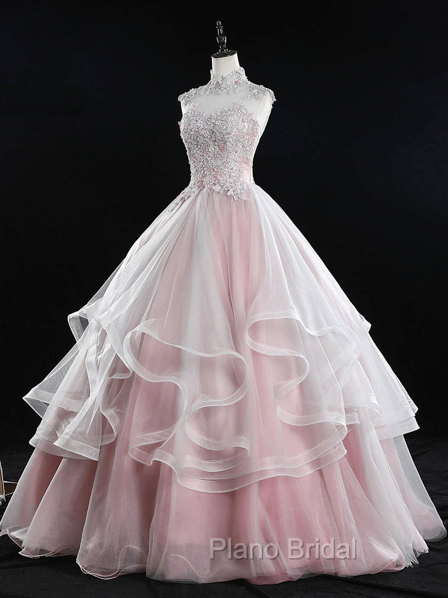 Pink Tulle Lace Long Formal Prom Dresses, Pink Sweet 16 Dresses Secondary image