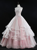 Pink Tulle Lace Long Formal Prom Dresses, Pink Sweet 16 Dresses