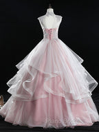Pink Tulle Lace Long Formal Prom Dresses, Pink Sweet 16 Dresses