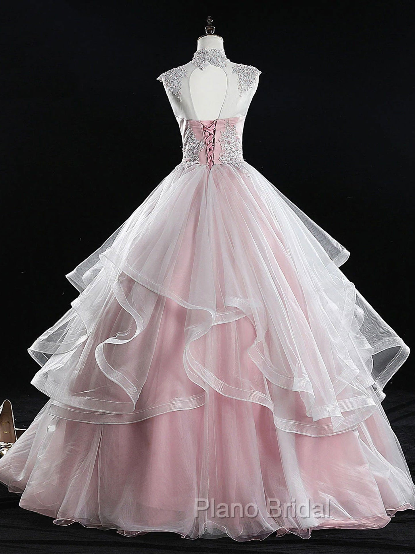 Pink Tulle Lace Long Formal Prom Dresses, Pink Sweet 16 Dresses