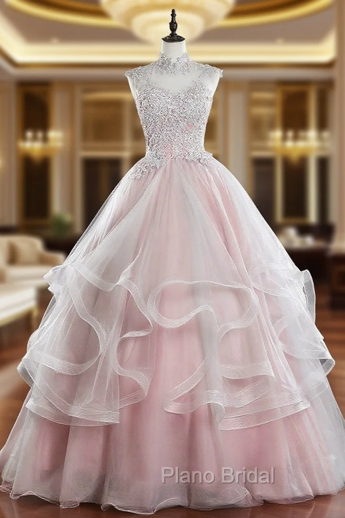 Pink Tulle Lace Long Formal Prom Dresses, Pink Sweet 16 Dresses Main image