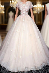 Pink tulle lace long Formal Prom dress, pink tulle lace evening dress