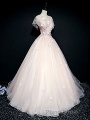 Pink tulle lace long Formal Prom dress, pink tulle lace evening dress