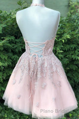 Pink tulle lace short Formal Prom dress, pink tulle lace homecoming dress