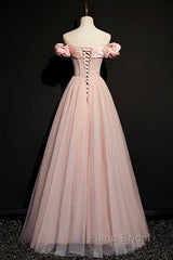 Pink Tulle Long A Line Formal Prom Dresses Pink Evening Dresses