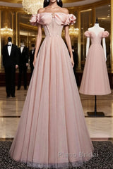 Pink Tulle Long A Line Formal Prom Dresses Pink Evening Dresses