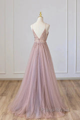 Pink Tulle Long A-Line Formal Prom Dresses, Pink Spaghetti Formal Dresses With Beaded