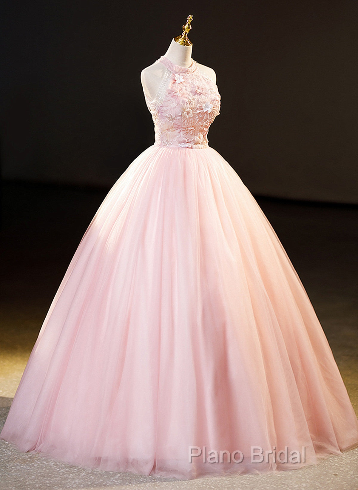 Pink Tulle Long Formal Dresses With Floral Lace, Pink Halter Tulle Sweet 16 Dresses