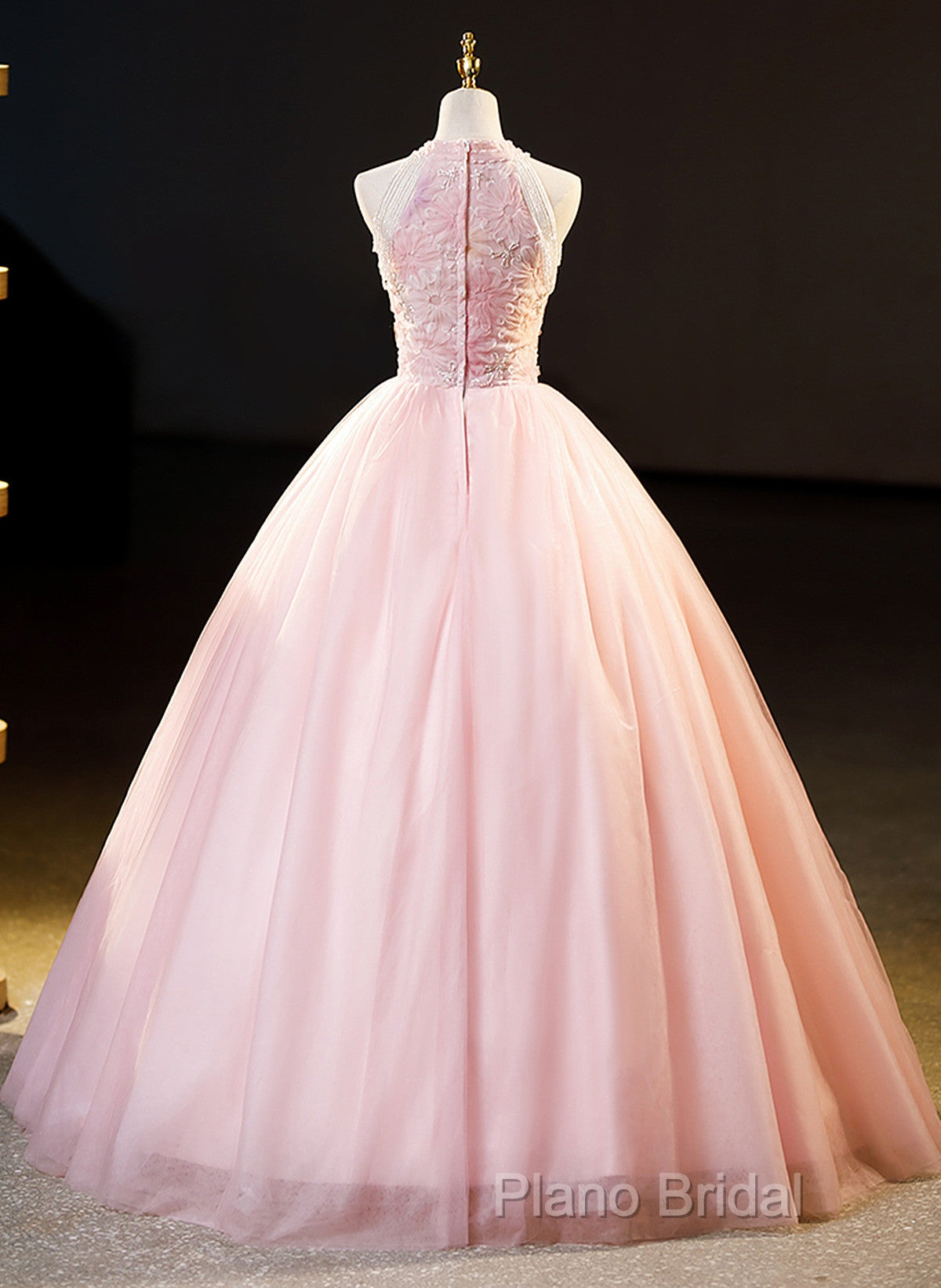 Pink Tulle Long Formal Dresses With Floral Lace, Pink Halter Tulle Sweet 16 Dresses