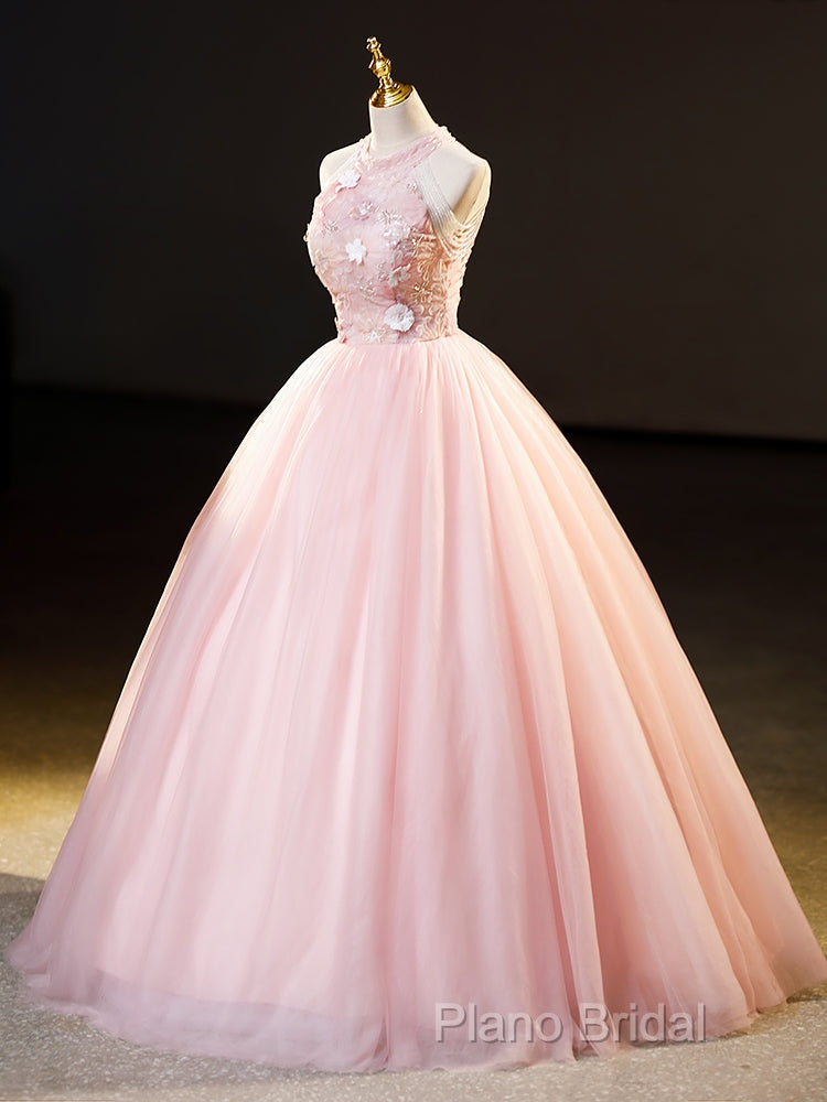 Pink Tulle Long Formal Dresses With Floral Lace, Pink Halter Tulle Sweet 16 Dresses