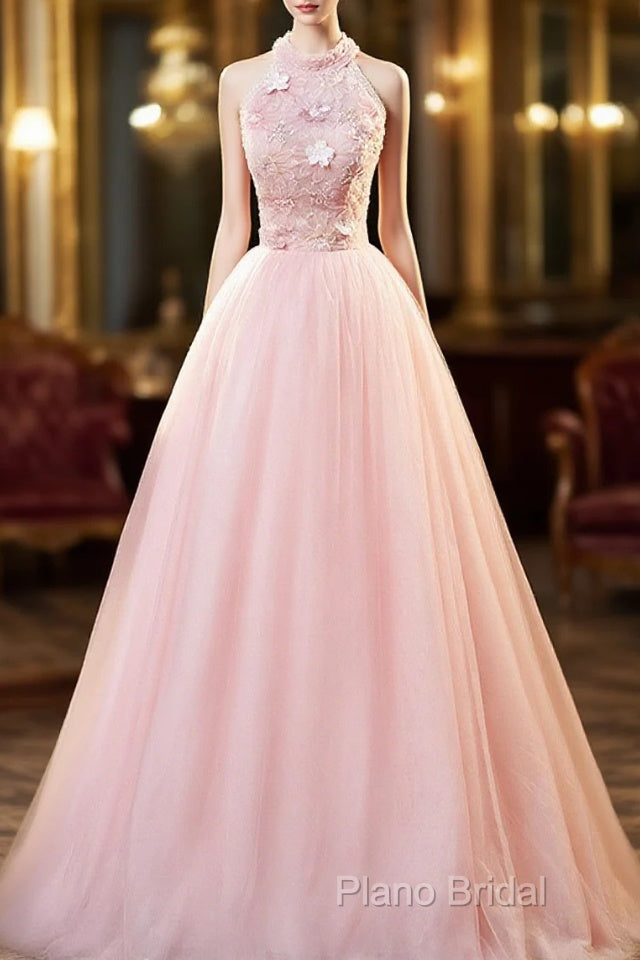 Pink Tulle Long Formal Dresses With Floral Lace, Pink Halter Tulle Sweet 16 Dresses Main image