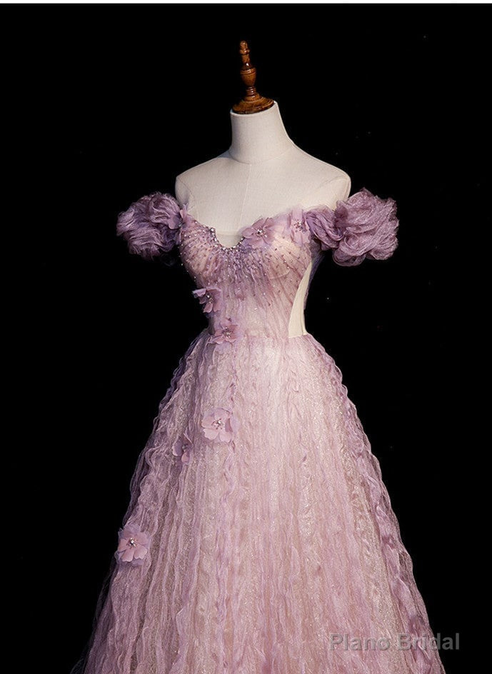 Pink Tulle Long Off Shoulder Party Dress with Flowers Pink Evening Dress Formal Dress prom dresses shops Secondary image