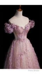 Pink Tulle Long Off Shoulder Party Dress with Flowers Pink Evening Dress Formal Dress prom dresses shops
