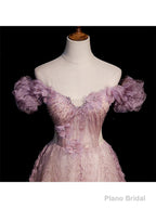 Pink Tulle Long Off Shoulder Party Dress with Flowers Pink Evening Dress Formal Dress prom dresses shops