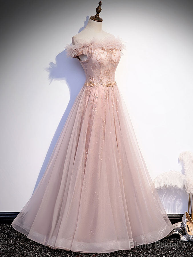 Pink Tulle Long Prom Dress, A line Pink Formal Graduation Dresses