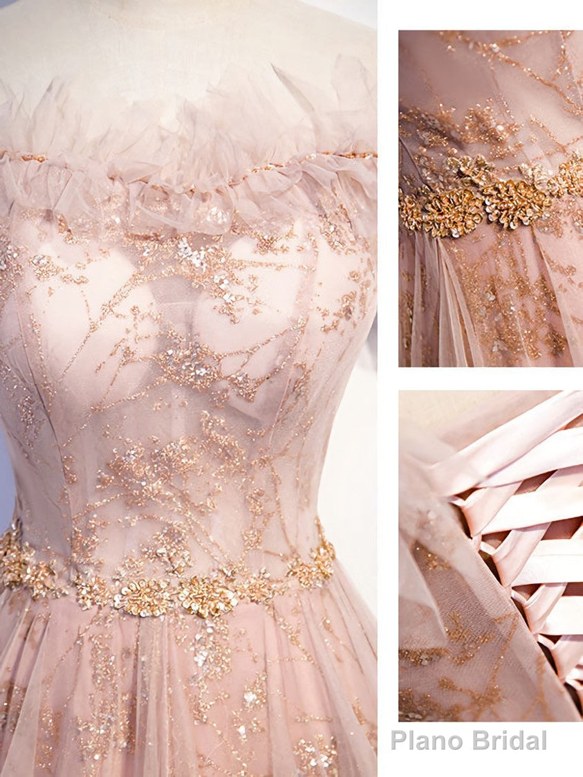 Pink Tulle Long Prom Dress, A line Pink Formal Graduation Dresses