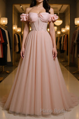 Pink tulle off shoulder long Formal Prom dress, pink tulle formal dress