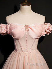 Pink tulle off shoulder long Formal Prom dress, pink tulle formal dress