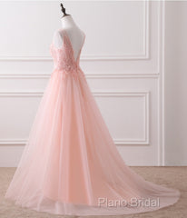 Pink Tulle Round Lace Applique Long Formal Dresses, Pink Tulle Junior Formal Prom Dresses Party Dresses