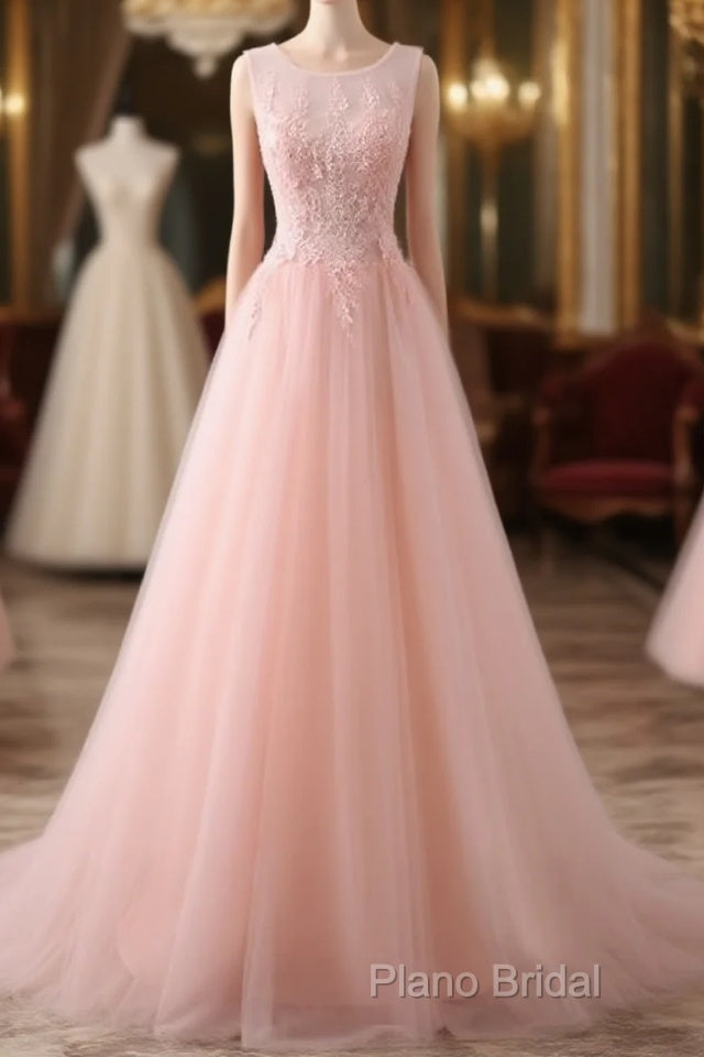 Pink Tulle Round Lace Applique Long Formal Dresses, Pink Tulle Junior Formal Prom Dresses Party Dresses