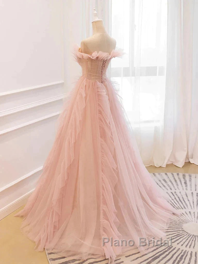 Pink Tulle Ruffles Off The Shoulder Long Formal Prom Dresses Secondary image
