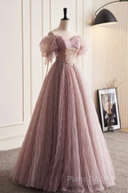 Pink Tulle Sequins Floor Length Formal Prom Dresses, Beautiful Off The Shoulder Formal Party Dresses