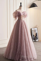 Pink Tulle Sequins Floor Length Formal Prom Dresses, Beautiful Off The Shoulder Formal Party Dresses