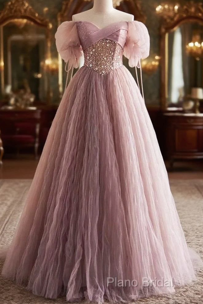 Pink Tulle Sequins Floor Length Formal Prom Dresses, Beautiful Off The Shoulder Formal Party Dresses Main image