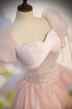 Pink Tulle Sequins Long Formal Prom Dresses, Lovely A-Line Short Sleeve Formal Party Dresses