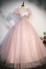 Pink Tulle Sequins Long Formal Prom Dresses, Lovely A-Line Short Sleeve Formal Party Dresses