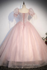 Pink Tulle Sequins Long Formal Prom Dresses, Lovely A-Line Short Sleeve Formal Party Dresses