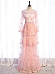 Pink Tulle Sequins Long Sleeve Tiers Prom Dress