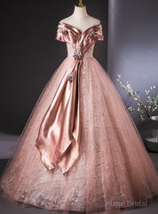 Pink Tulle Sequins Off the Shoulder Flower Quinceanera Dress