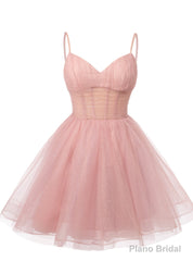 Pink Tulle Sequins Spaghetti Straps Homecoming Dress