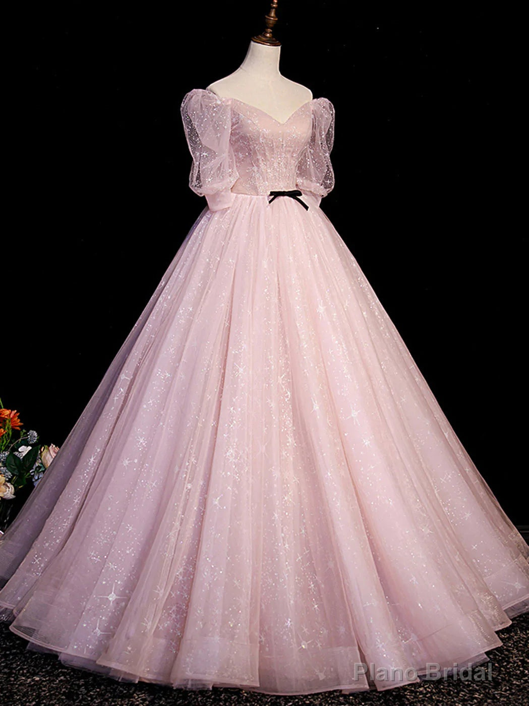 Pink Tulle Short Sleeves Ball Gown Long Formal Dresses, Pink Evening Dresses Main image