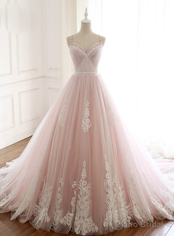 Pink Tulle Spaghetti Straps Backless Wedding Dress With Beading