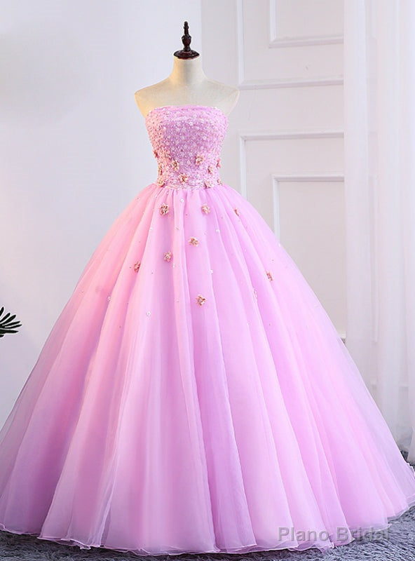 Pink Tulle Strapless Appliques Sweet 16 Quinceanera Dresses With Pearls Main image