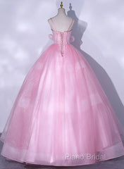 Pink Tulle Straps Ball Gown Long Sweet 16 Dresses, Pink Tulle Formal Dresses