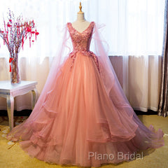 Pink Tulle Sweet 16 Party Dresses With Lace Applique, Long Formal Gown