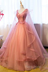 Pink Tulle Sweet 16 Party Dresses With Lace Applique, Long Formal Gown