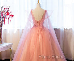 Pink Tulle Sweet 16 Party Dresses With Lace Applique, Long Formal Gown