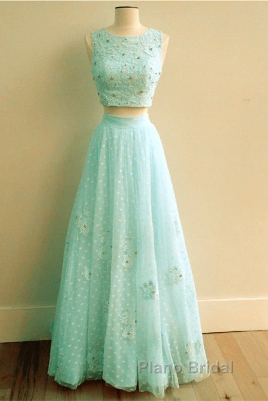 Pink Tulle Two Piece Formal Prom Dresses Lace Crop Secondary image