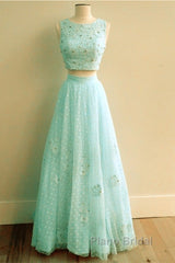 Pink Tulle Two Piece Formal Prom Dresses Lace Crop