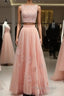 Pink Tulle Two Piece Formal Prom Dresses Lace Crop