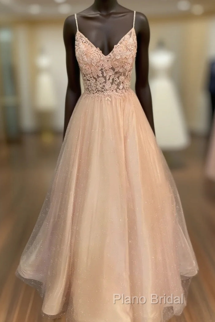 Pink Tulle With Lace Applique Beaded V-Neckline Formal Prom Dresses, Pink Long Party Dresses Main image