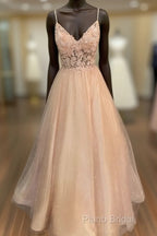 Pink Tulle With Lace Applique Beaded V-Neckline Formal Prom Dresses, Pink Long Party Dresses